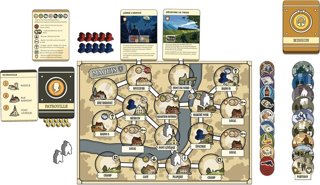Maquis vue d'ensemble du matériel de jeu - plateau, cartes, jetons ou tokens, pions