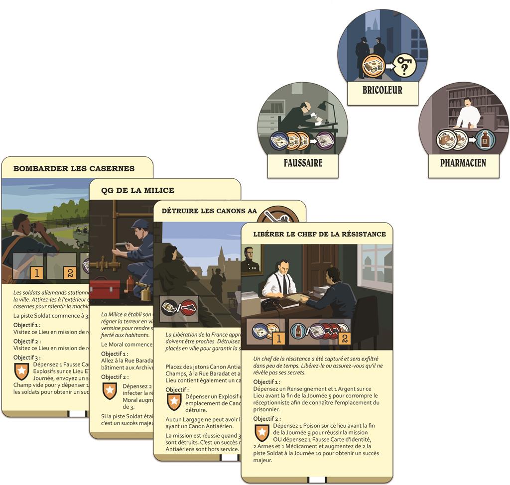 Maquis - Extension vue d'ensemble du matériel du jeu - cartes et jetons