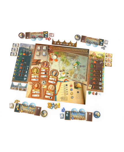 East India Company vue d'ensemble du matériel de jeu et d'une partie en cours