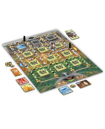 Le Peuple Loup vue d'ensemble du contenu du matériel du jeu disposé pour une partie en cours