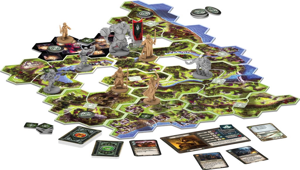 Le Seigneur des Anneaux - Voyages en Terre du Milieu vue d'ensemble du contenu du matériel de jeu disposé pour une partie en cours