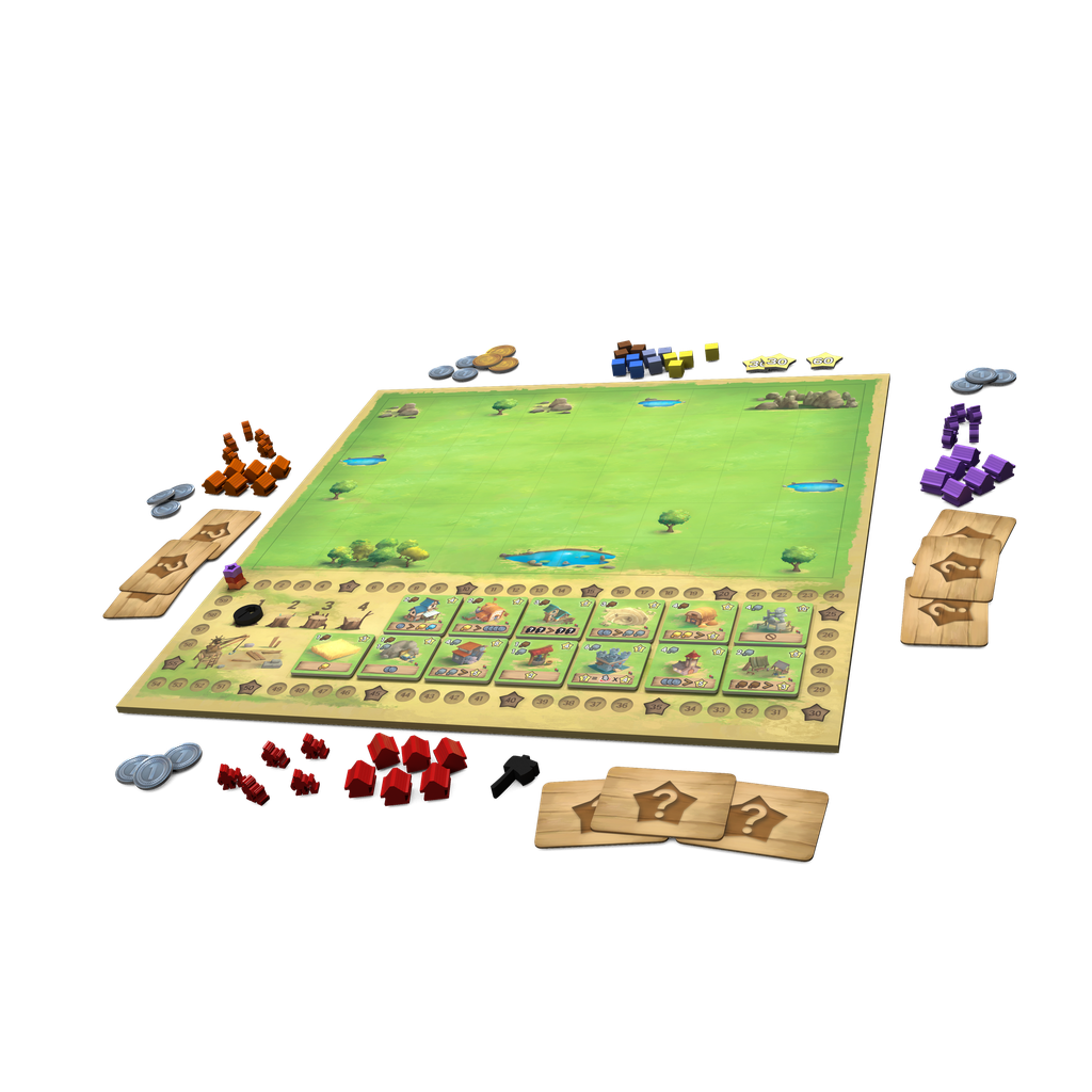 Little Town - vue d'ensemble du matériel contenu dans le jeu mis en place pour le commencement d'une partie