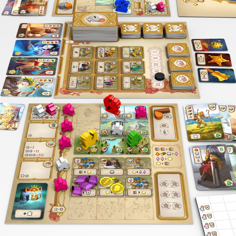 Settlement - vue d'ensemble du contenu du matériel du jeu et d'une partie en cours