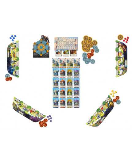 Skytopia - vue d'ensemble du contenu du matériel de jeu et d'une mise en place pour une partie