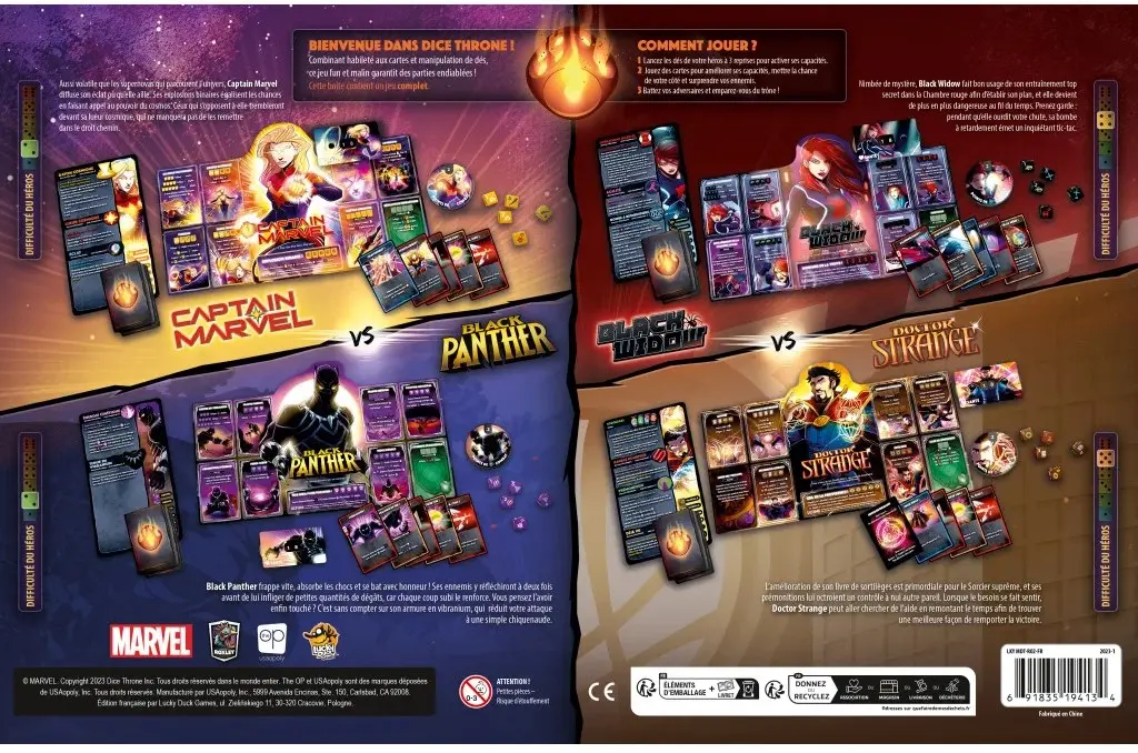 Dice Throne Marvel Captain Marvel, Black Panther Dr Strange, Black Widow Verso copy.webp