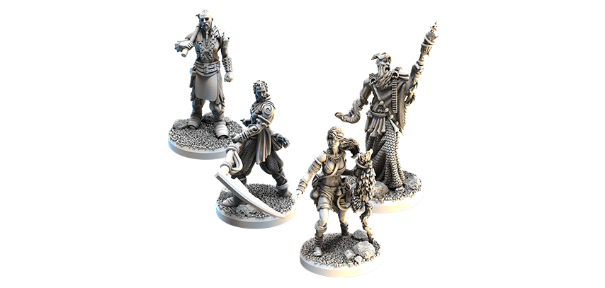 tainted grail la chute d'avalon materiel figurines des 4 héros (Béor Arev Larve Ailei).png